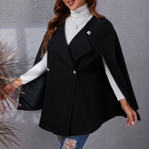 Cozy Black Button up Classic Cape Jacket Coat Work - Picture 8 of 16